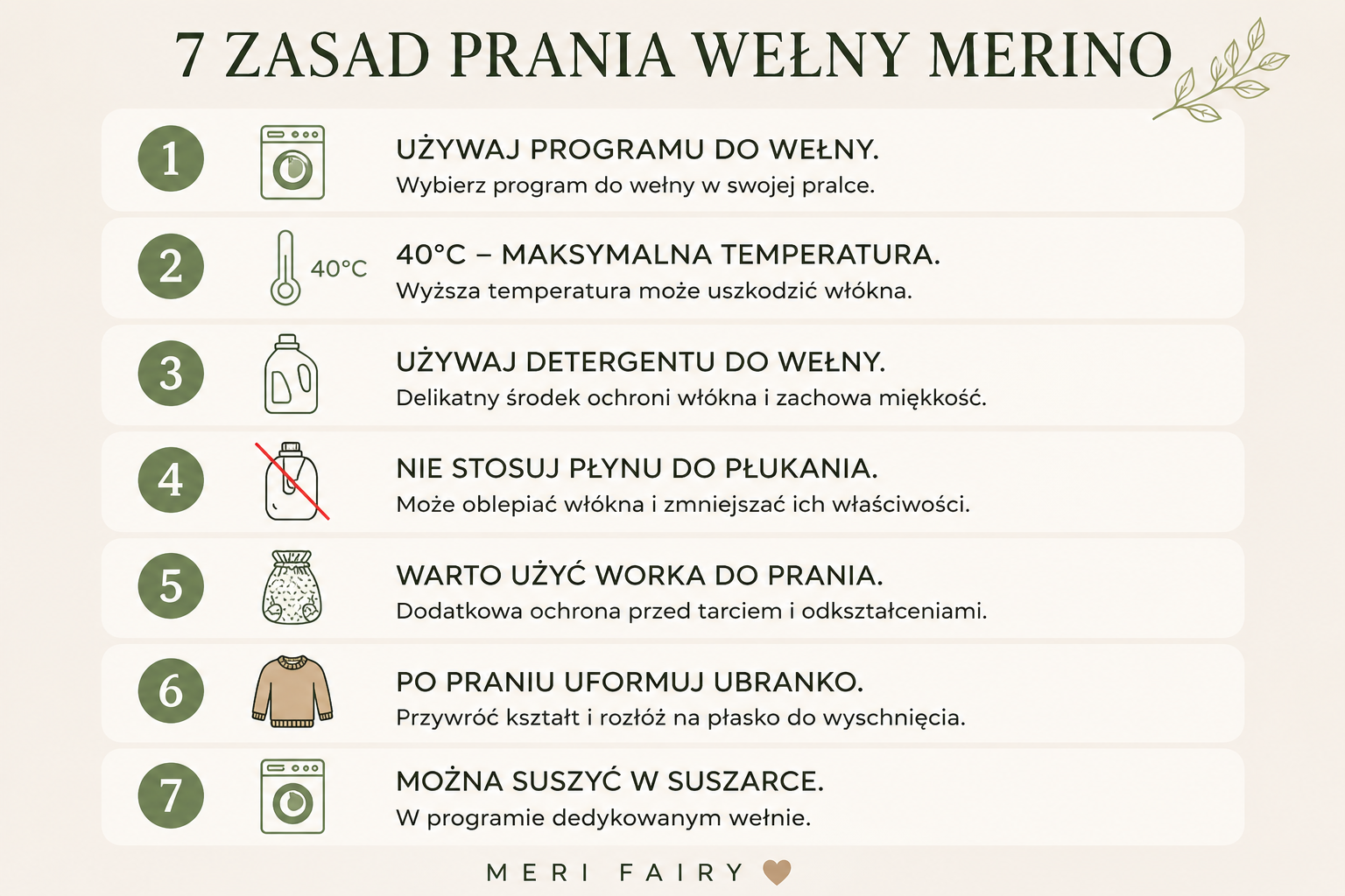 zasady prania ubranek z wełny merino Meri Fairy